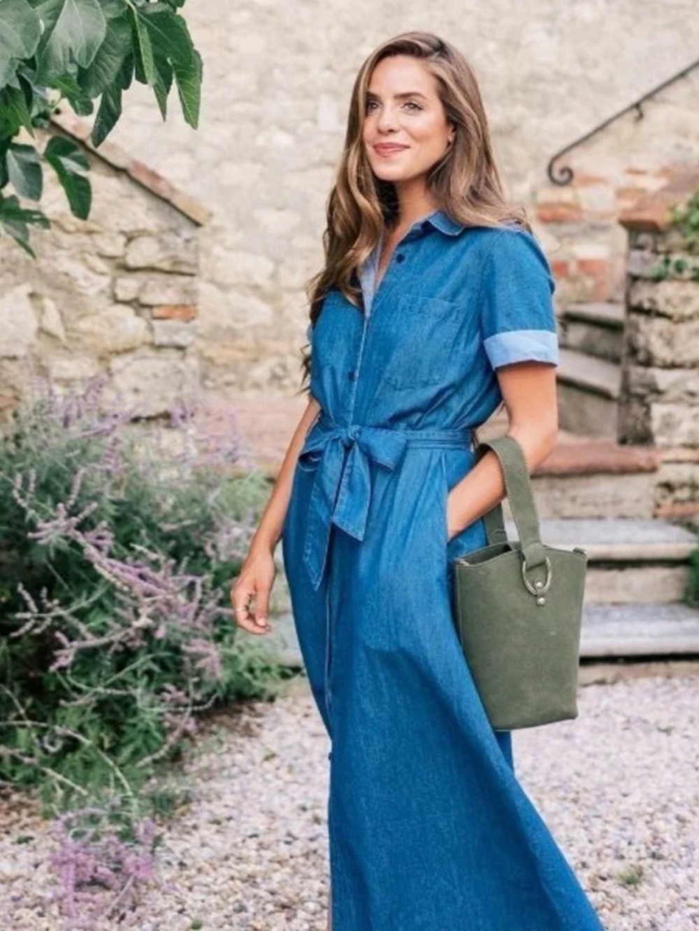 Who What Wear Blue Denim Maxi Shirt Dress with Self Tie